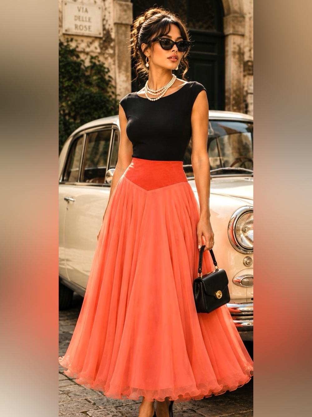 Handmade Coral Suede-Waist Tulle Chiffon Circle Maxi Skirt S/M - Picture 3 of 16